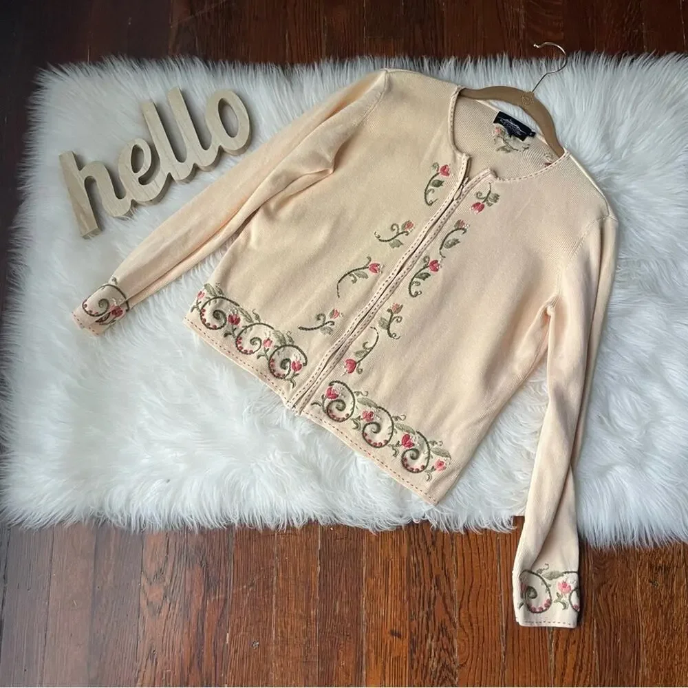 Vintage Yellow Sweater Jacket With Floral Embroidery Size small